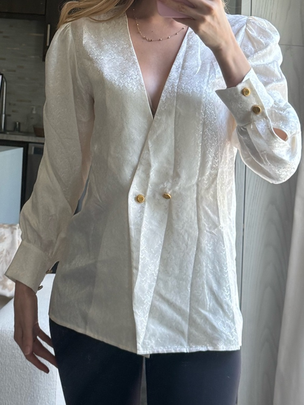 EENK Ivory Jacquard Blouse Blazer Gold Button Minimalist Designer Quiet Luxury